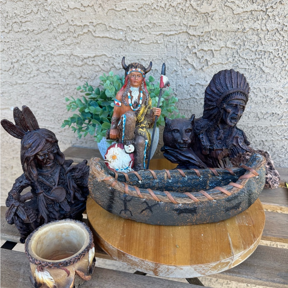 Native American Figurine Set with Canoe and candle holder